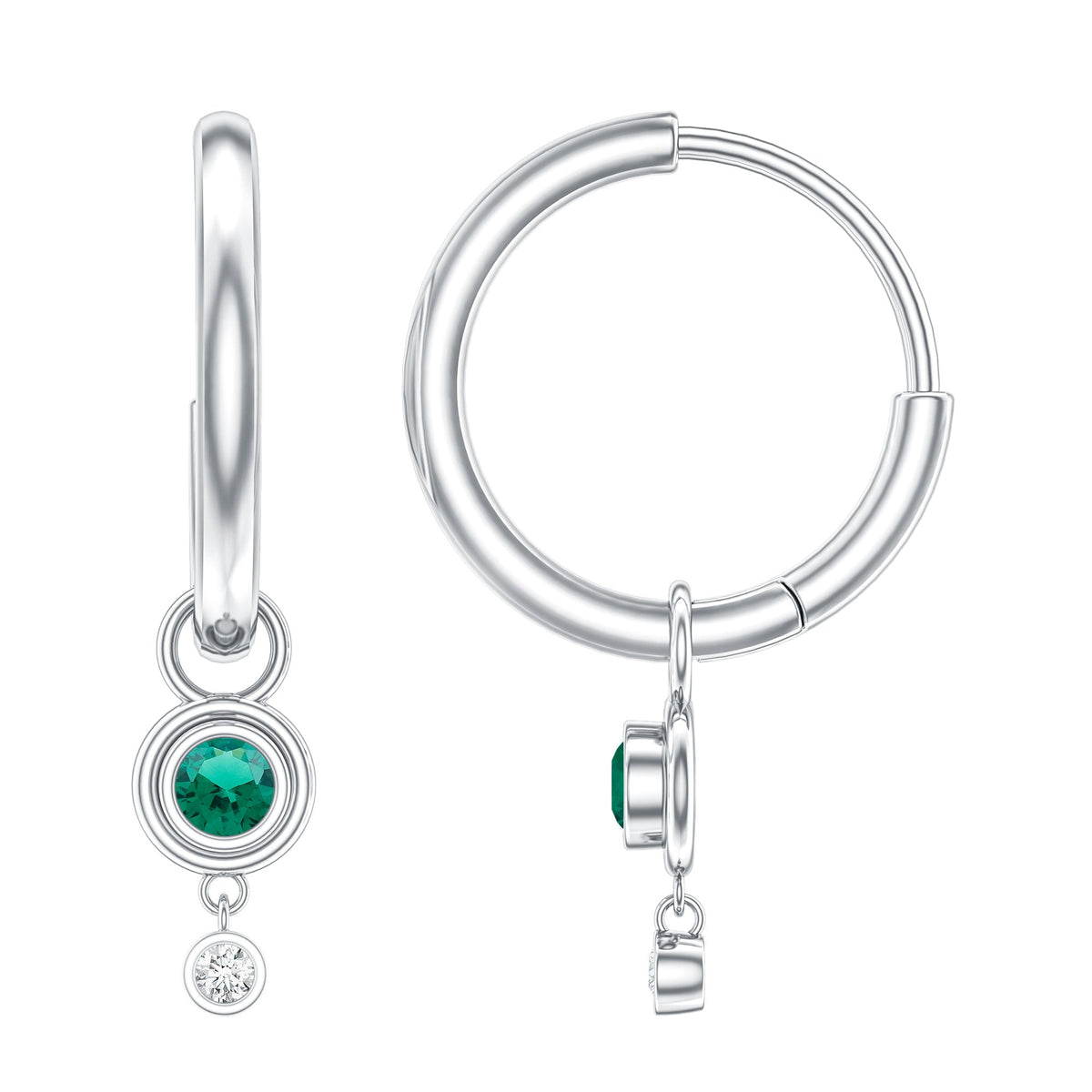 Lab Grown Emerald Earrings – Diamond Drop Hoop Earrings with Bezel Setting