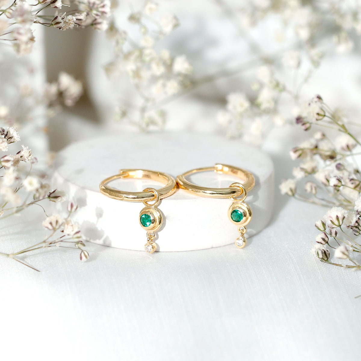 Lab Grown Emerald Earrings – Diamond Drop Hoop Earrings with Bezel Setting