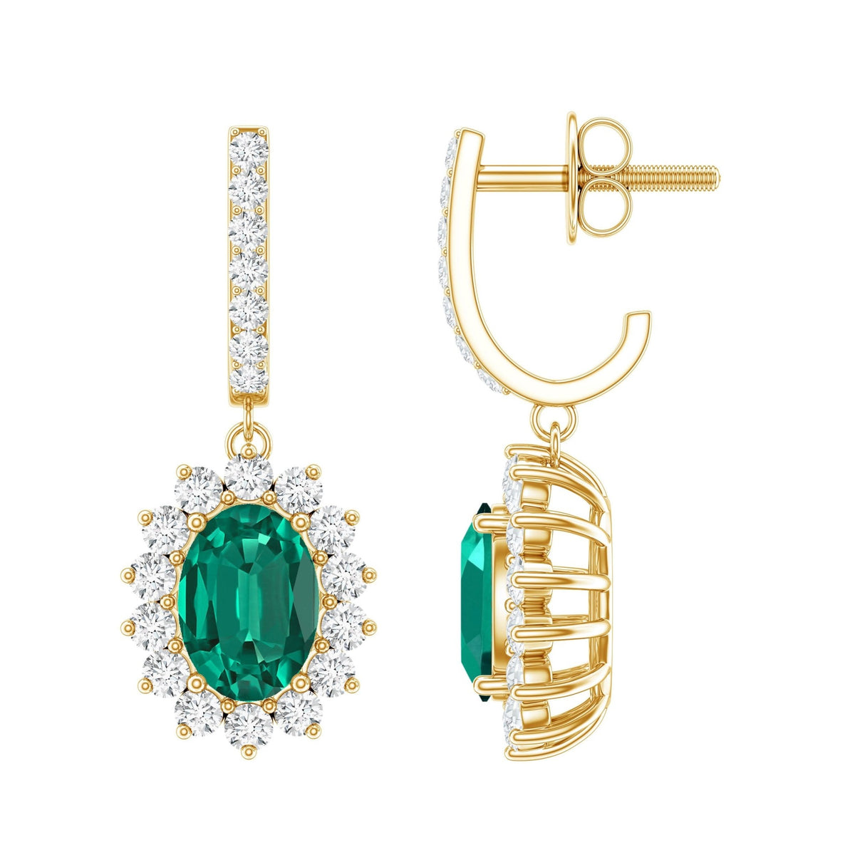 Lab Grown Emerald Earrings – Oval Drop Halo Diamond J Hoop Design 1.7 Ct
