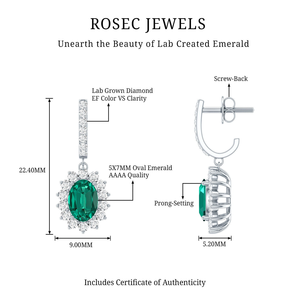 Lab Grown Emerald Earrings – Oval Drop Halo Diamond J Hoop Design 1.7 Ct