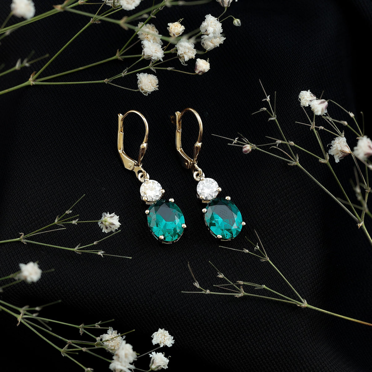 Lab Grown Emerald Earrings – Oval Drop Lever Back Earrings With Moissanite Sparkle