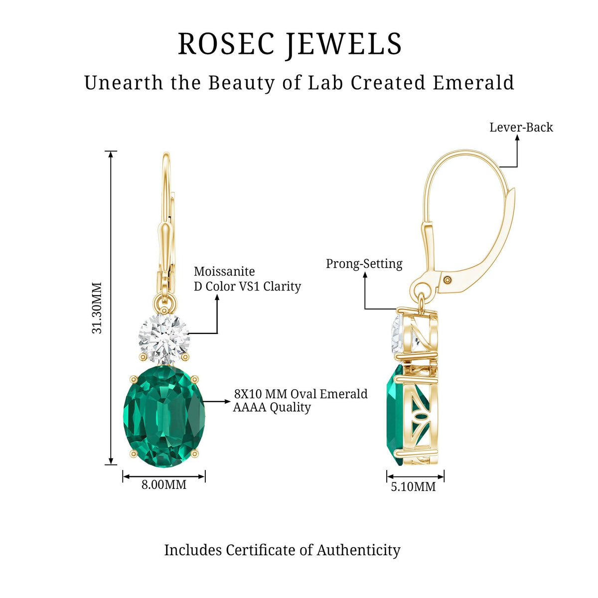 Lab Grown Emerald Earrings – Oval Drop Lever Back Earrings With Moissanite Sparkle
