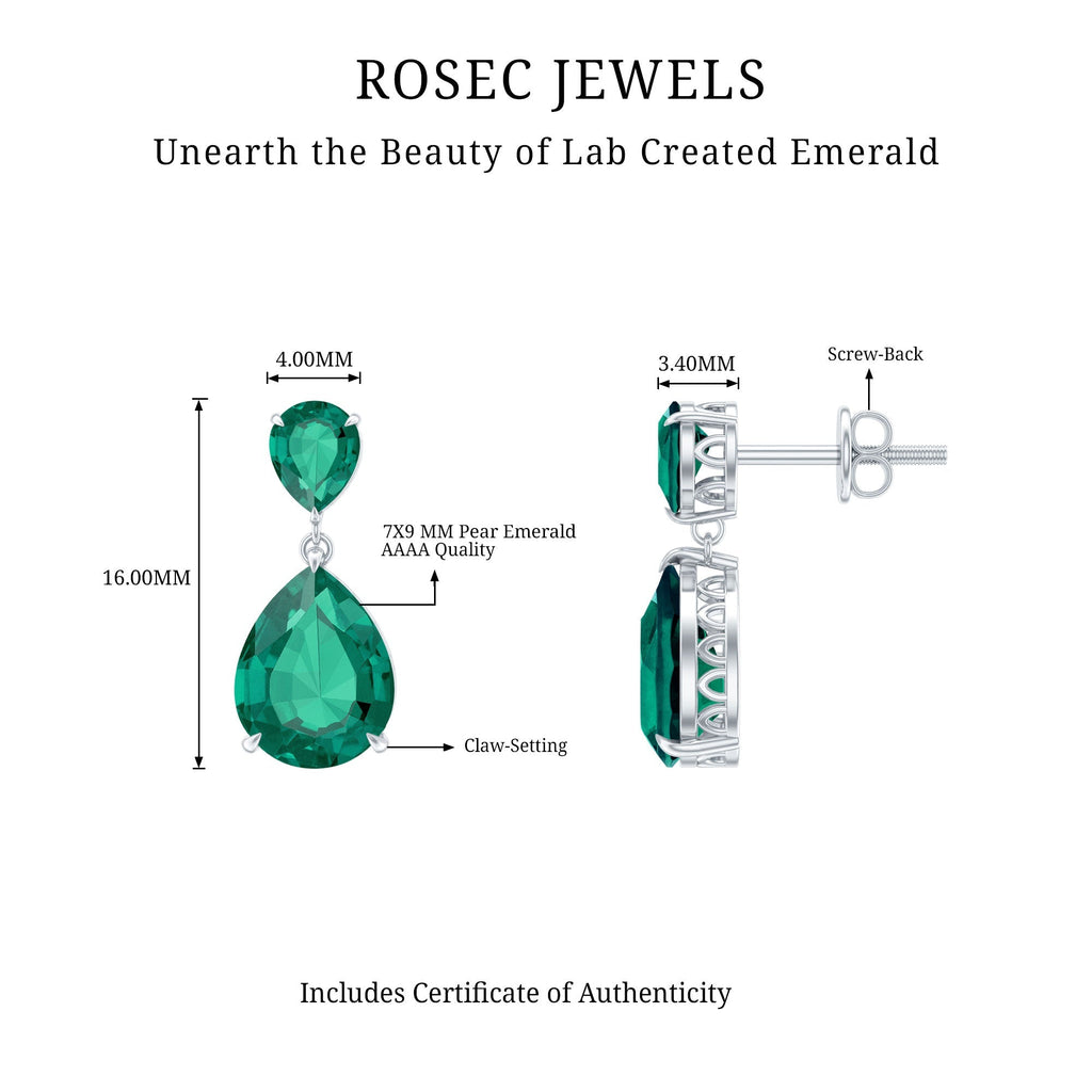 Lab Grown Emerald Earrings – Pear Shaped Dangle Drop Statement Bridal Jewelry