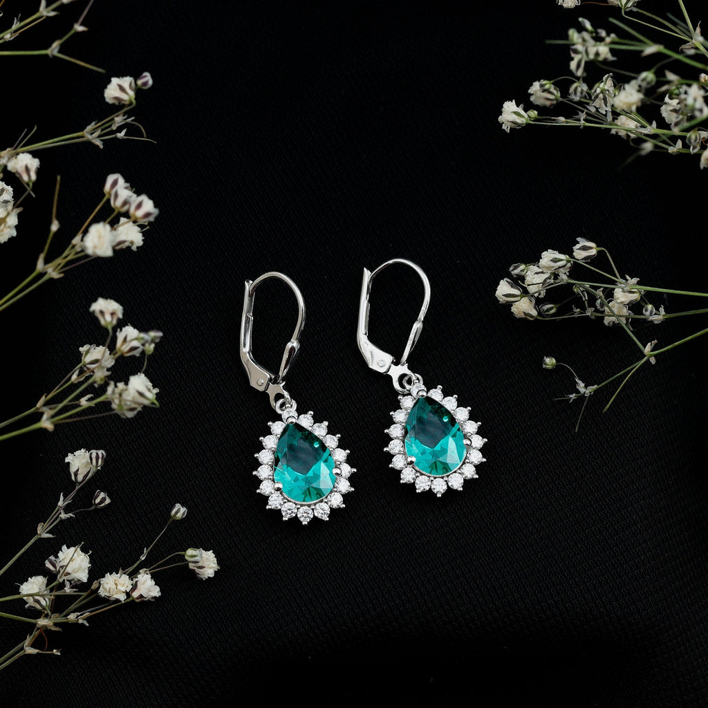 Lab Grown Emerald Earrings - Silver Hoop Drop with Pear Shape & Moissanite Halo
