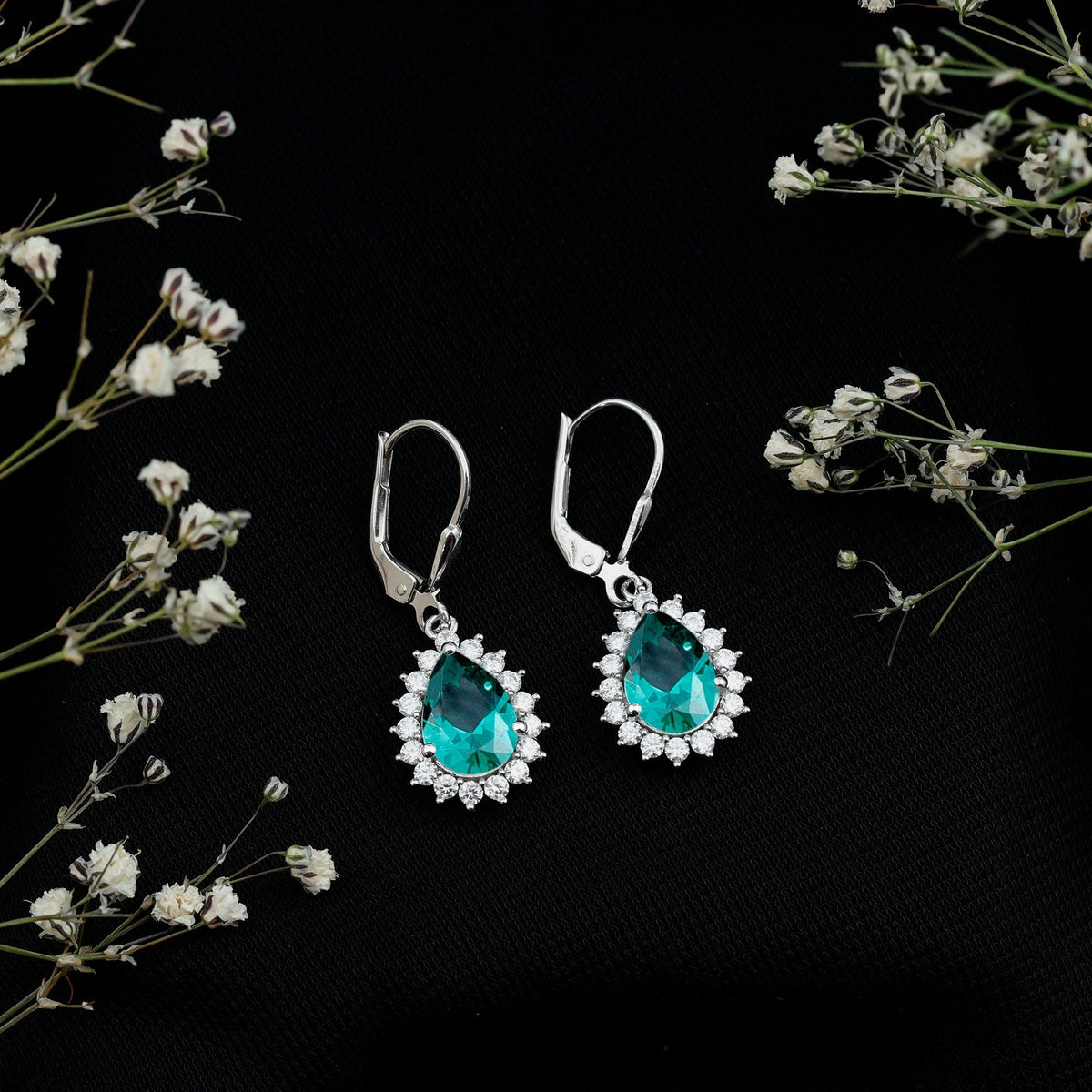Lab Grown Emerald Earrings - Silver Hoop Drop with Pear Shape & Moissanite Halo