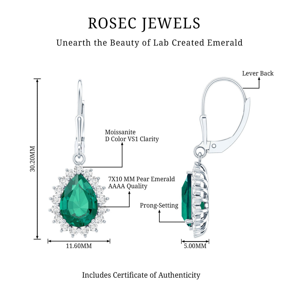 Lab Grown Emerald Earrings - Silver Hoop Drop with Pear Shape & Moissanite Halo