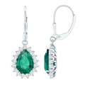 Lab Grown Emerald Earrings - Silver Hoop Drop with Pear Shape & Moissanite Halo