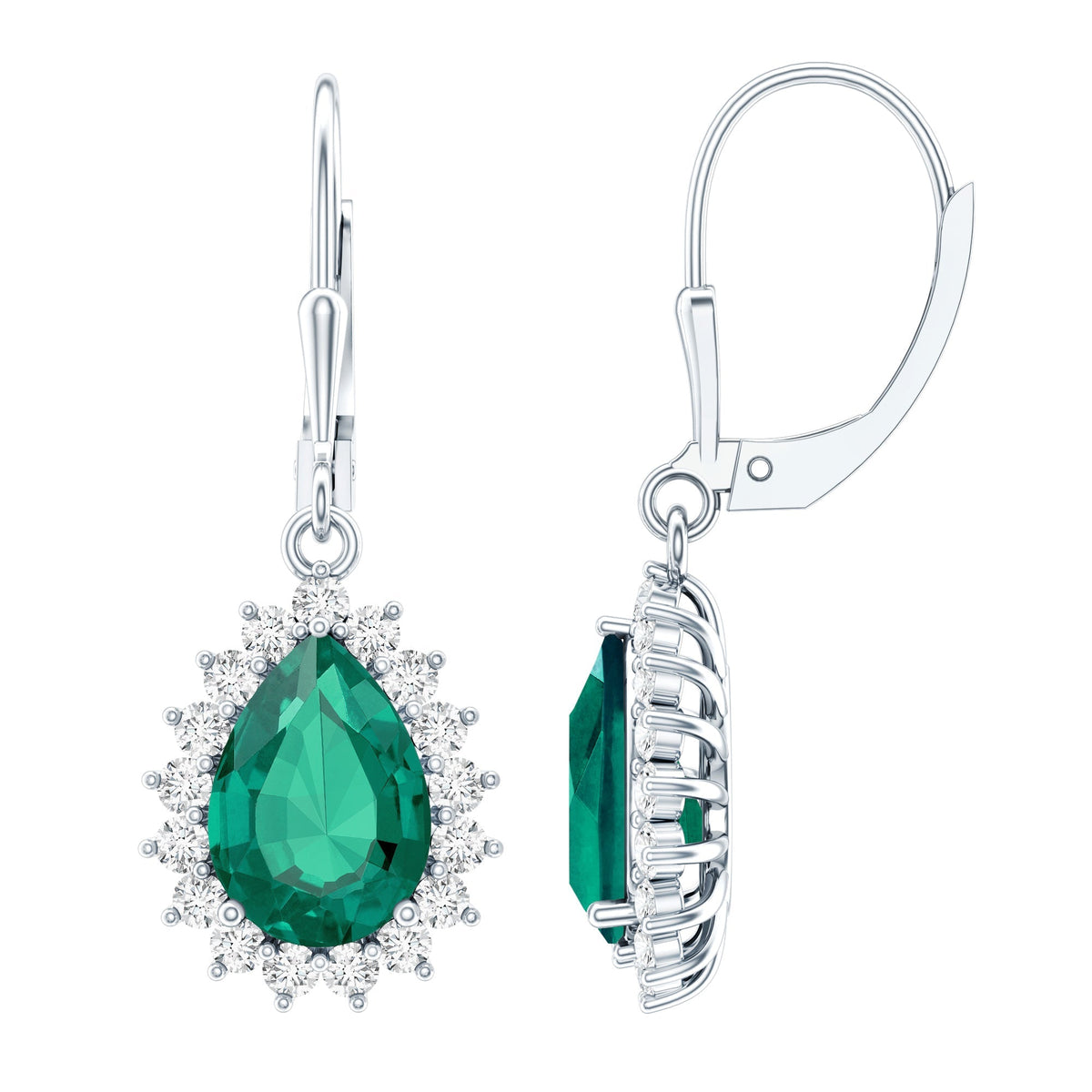 Lab Grown Emerald Earrings - Silver Hoop Drop with Pear Shape & Moissanite Halo