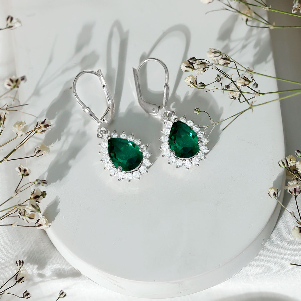 Lab Grown Emerald Earrings - Silver Hoop Drop with Pear Shape & Moissanite Halo