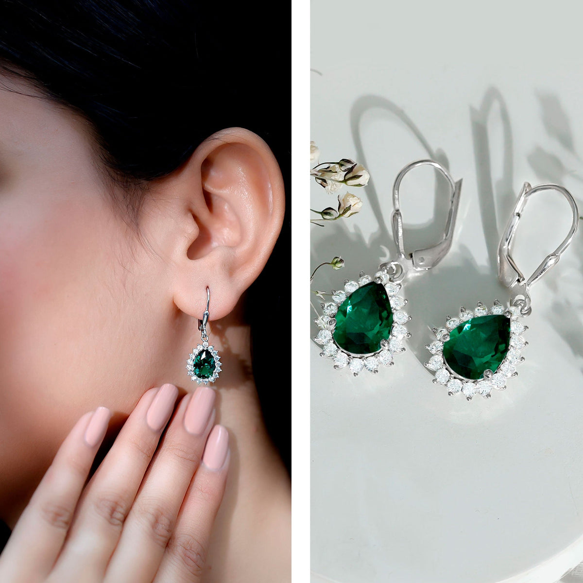 Lab Grown Emerald Earrings - Silver Hoop Drop with Pear Shape & Moissanite Halo
