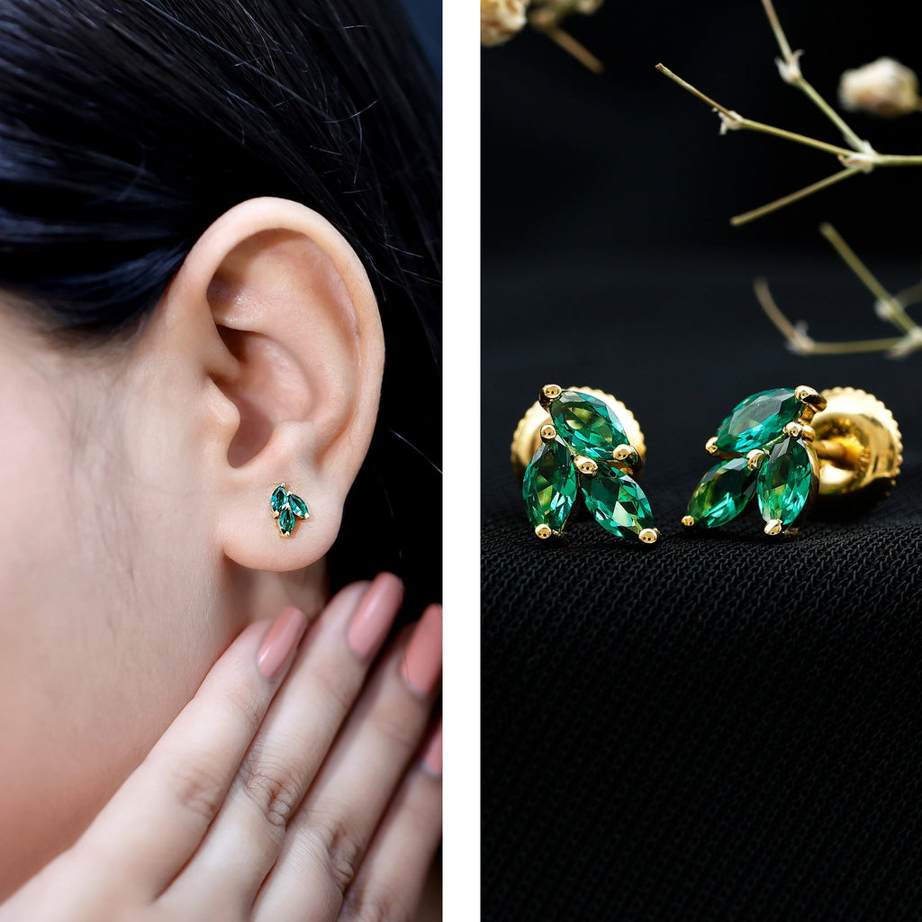 Lab Grown Emerald Earrings – Silver Leaf Studs With AAA Quality Marquise Gemstones