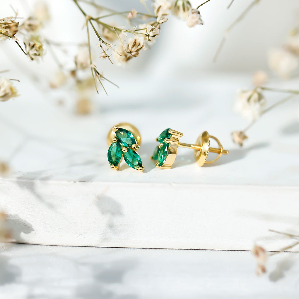 Lab Grown Emerald Earrings – Silver Leaf Studs With AAA Quality Marquise Gemstones