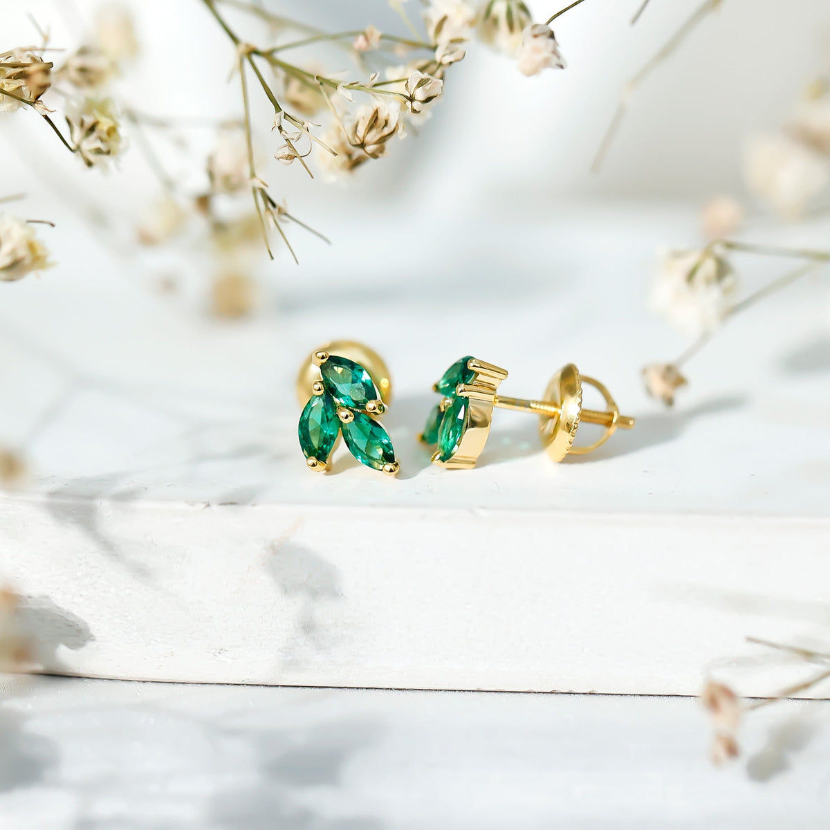 Lab Grown Emerald Earrings – Silver Leaf Studs With AAA Quality Marquise Gemstones