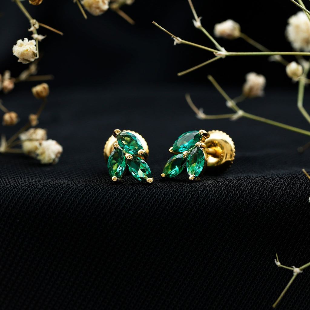 Lab Grown Emerald Earrings – Silver Leaf Studs With AAA Quality Marquise Gemstones