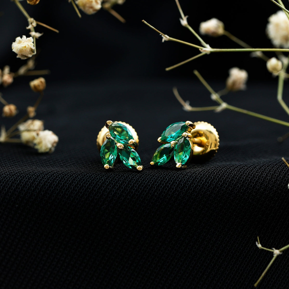 Lab Grown Emerald Earrings – Silver Leaf Studs With AAA Quality Marquise Gemstones