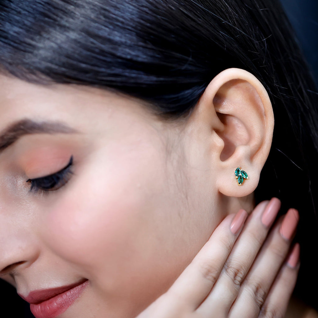 Lab Grown Emerald Earrings – Silver Leaf Studs With AAA Quality Marquise Gemstones