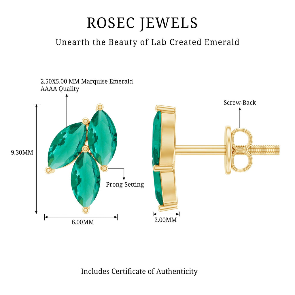 Lab Grown Emerald Earrings – Silver Leaf Studs With AAA Quality Marquise Gemstones