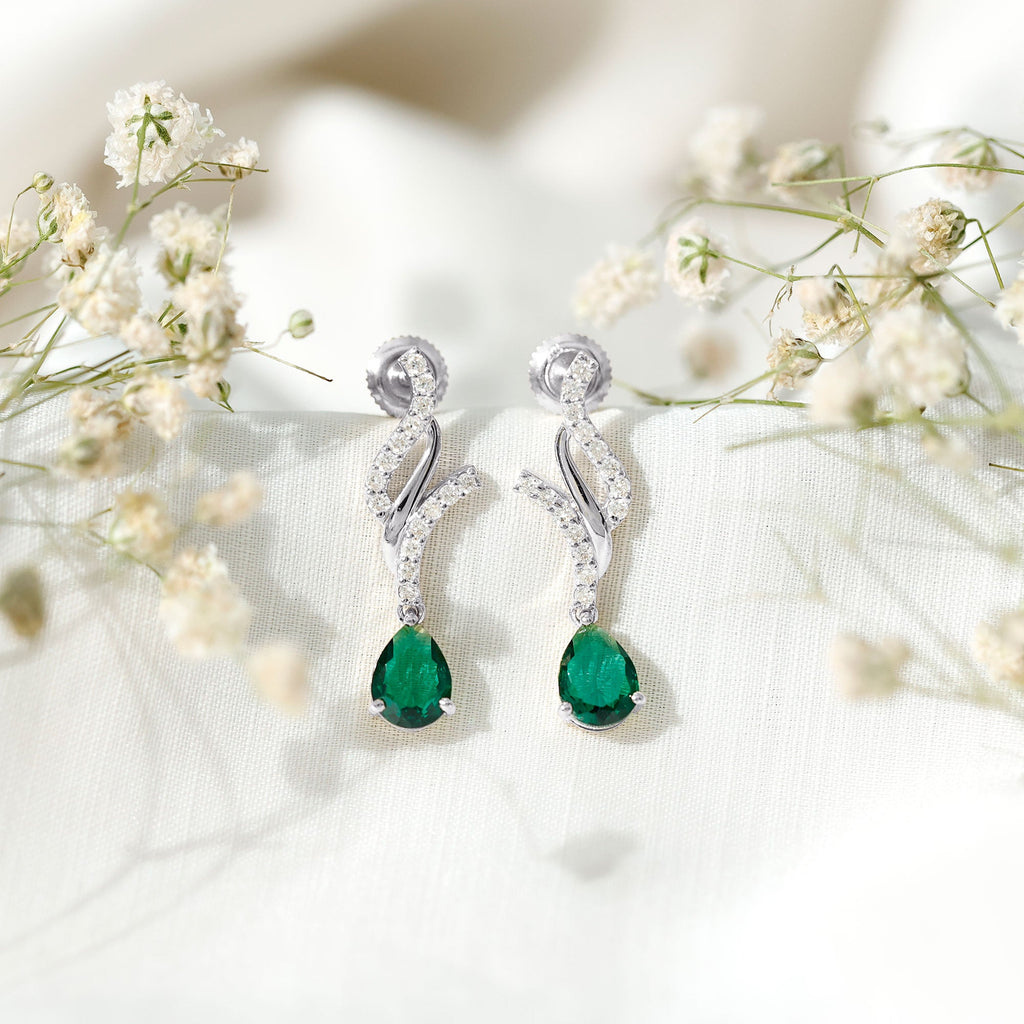 Lab Grown Emerald Earrings – Vintage Pear Shaped Drops with Diamond Accent