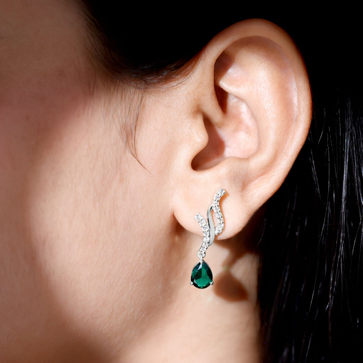 Lab Grown Emerald Earrings – Vintage Pear Shaped Drops with Diamond Accent
