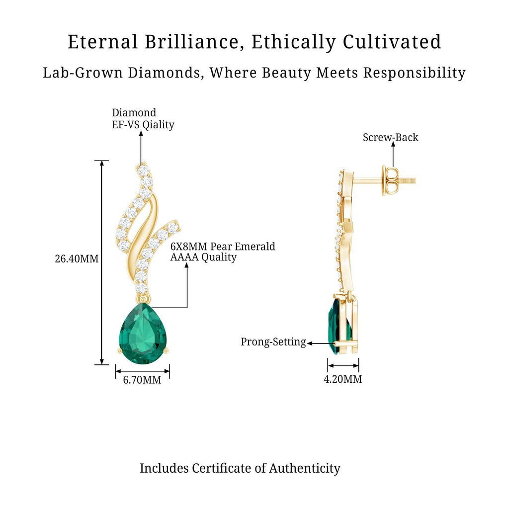 Lab Grown Emerald Earrings – Vintage Pear Shaped Drops with Diamond Accent