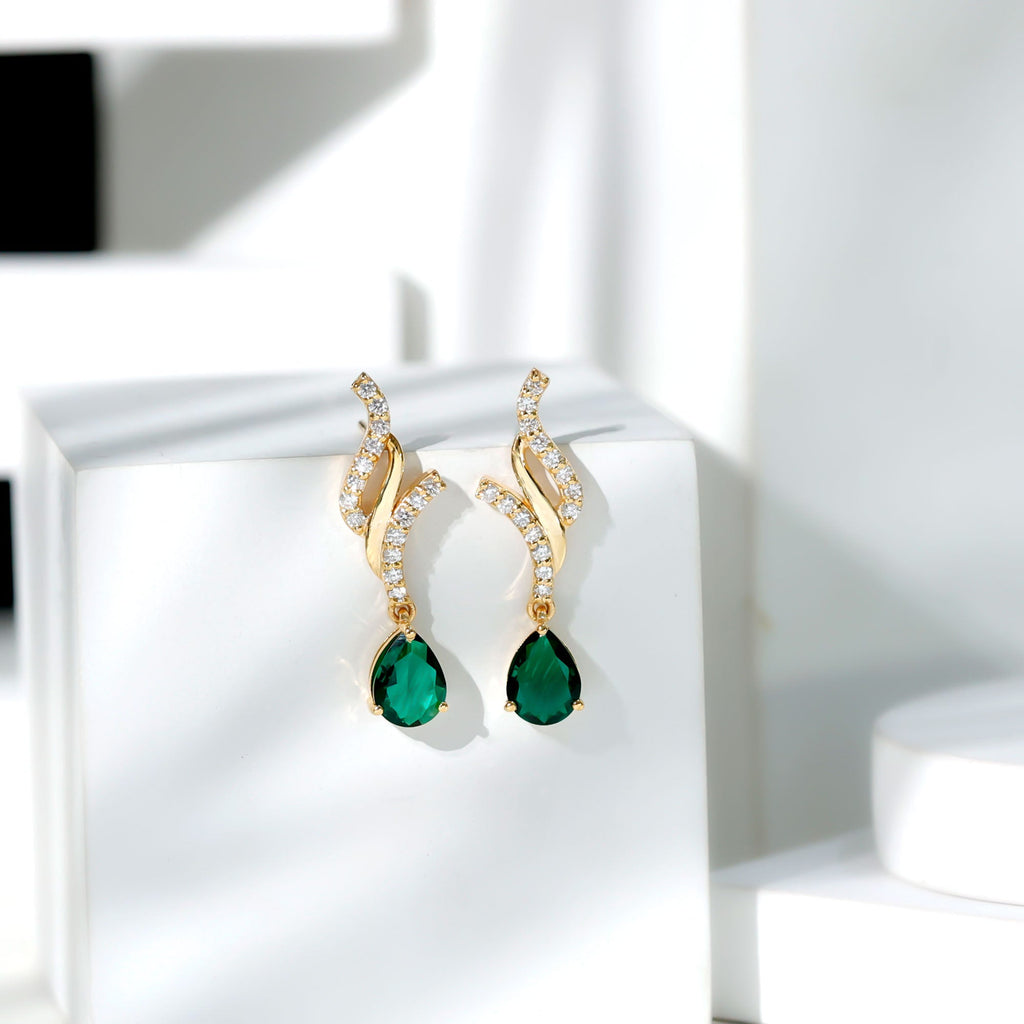 Lab Grown Emerald Earrings – Vintage Pear Shaped Drops with Diamond Accent