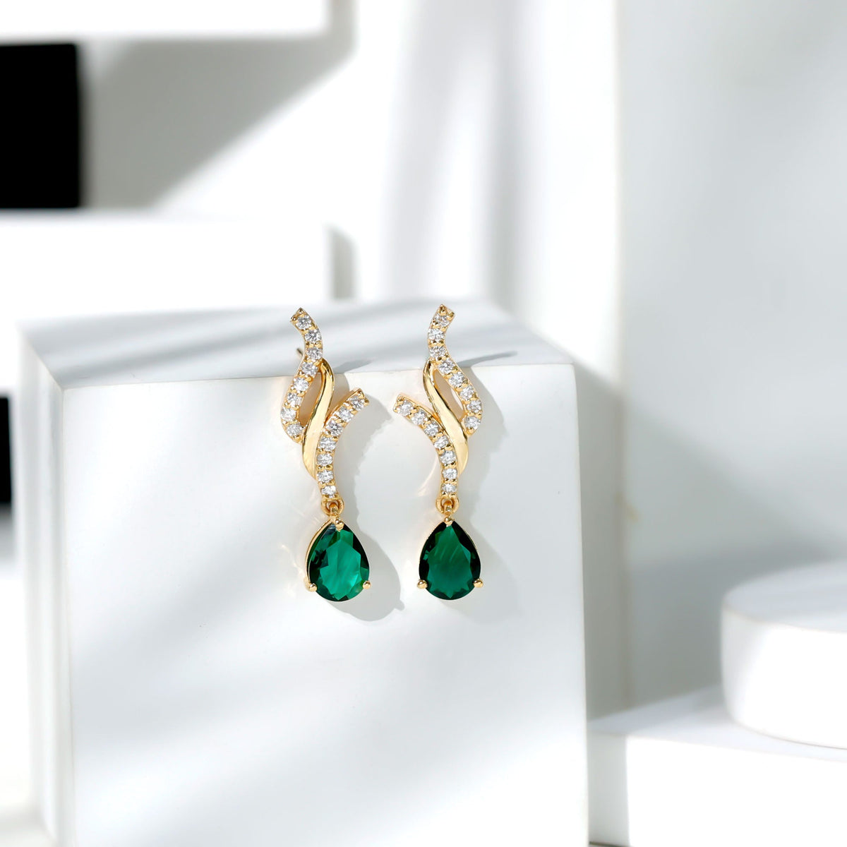 Lab Grown Emerald Earrings – Vintage Pear Shaped Drops with Diamond Accent