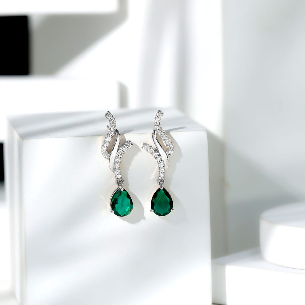Lab Grown Emerald Earrings – Vintage Pear Shaped Drops with Diamond Accent