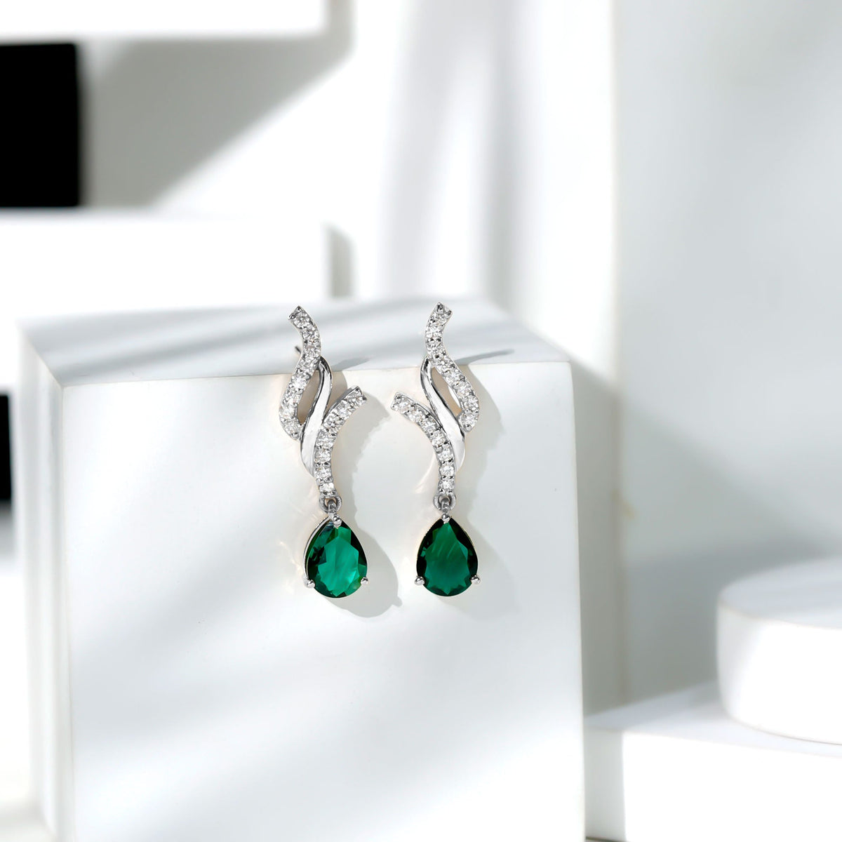 Lab Grown Emerald Earrings – Vintage Pear Shaped Drops with Diamond Accent