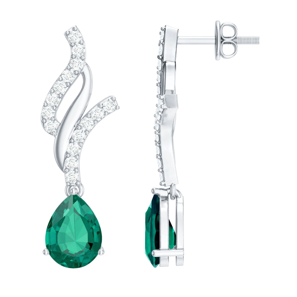 Lab Grown Emerald Earrings – Vintage Pear Shaped Drops with Diamond Accent