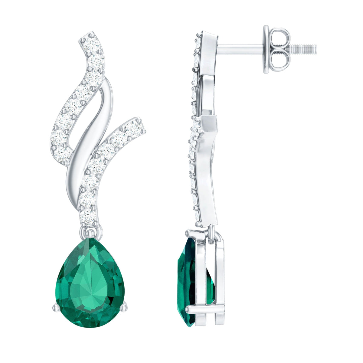 Lab Grown Emerald Earrings – Vintage Pear Shaped Drops with Diamond Accent