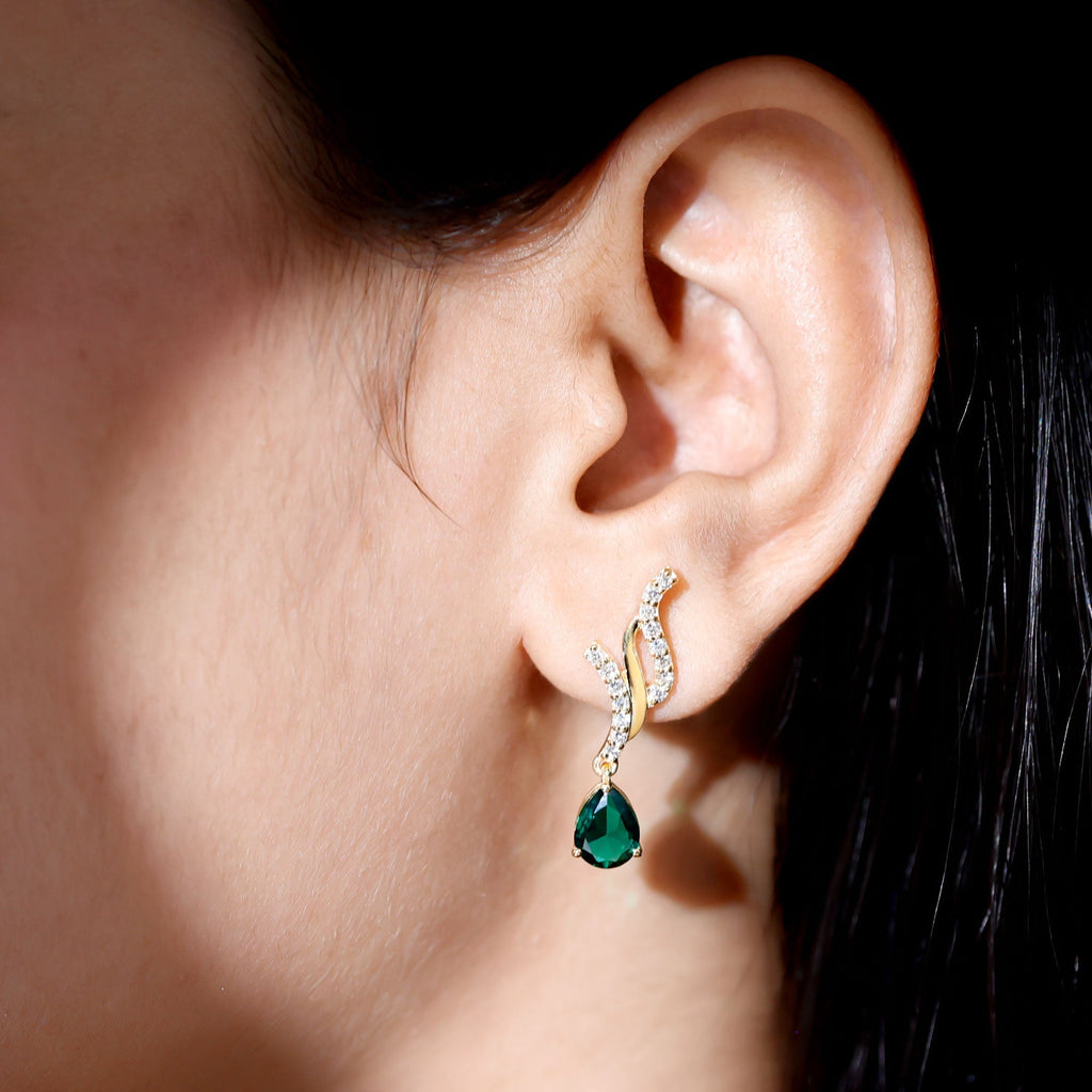 Lab Grown Emerald Earrings – Vintage Pear Shaped Drops with Diamond Accent