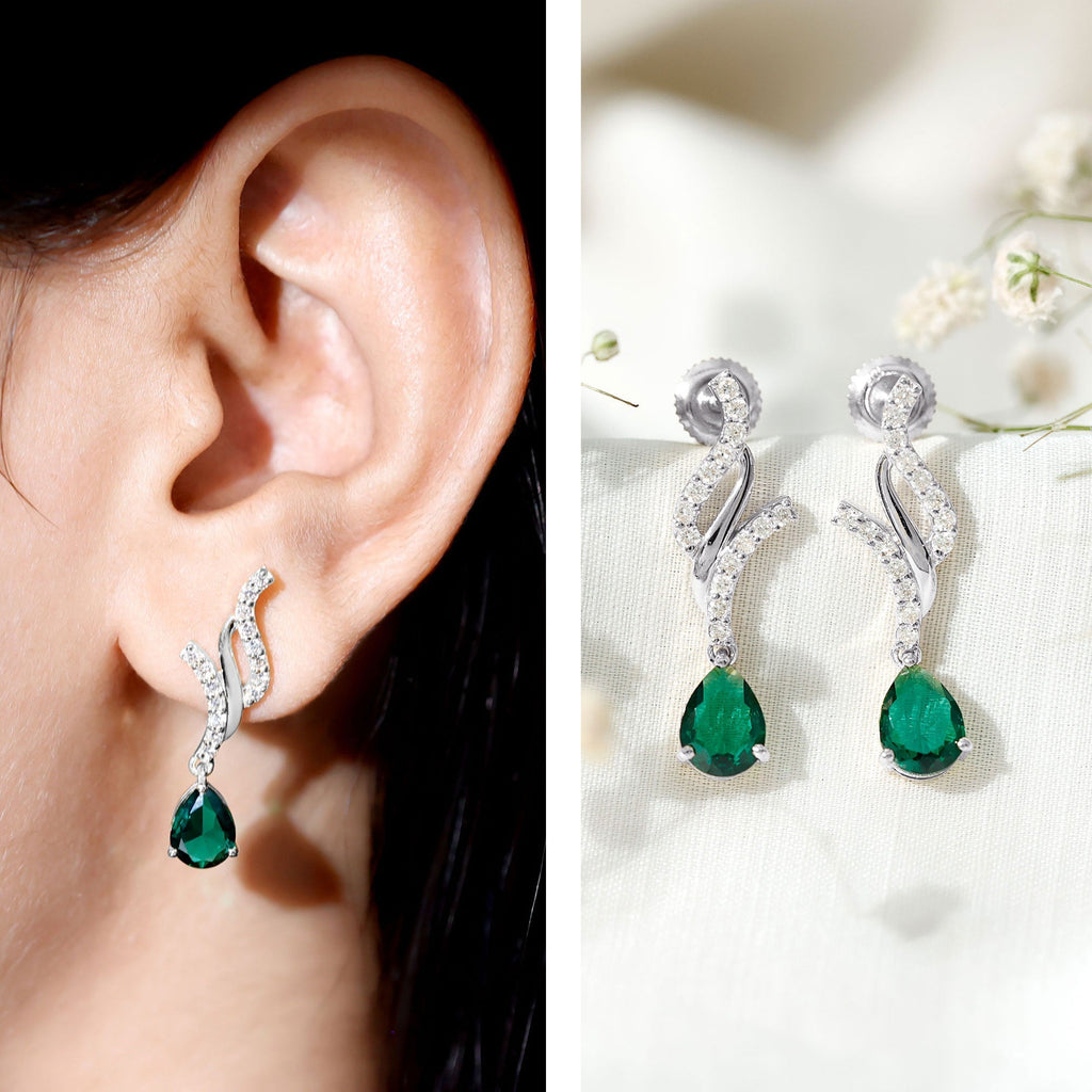 Lab Grown Emerald Earrings – Vintage Pear Shaped Drops with Diamond Accent