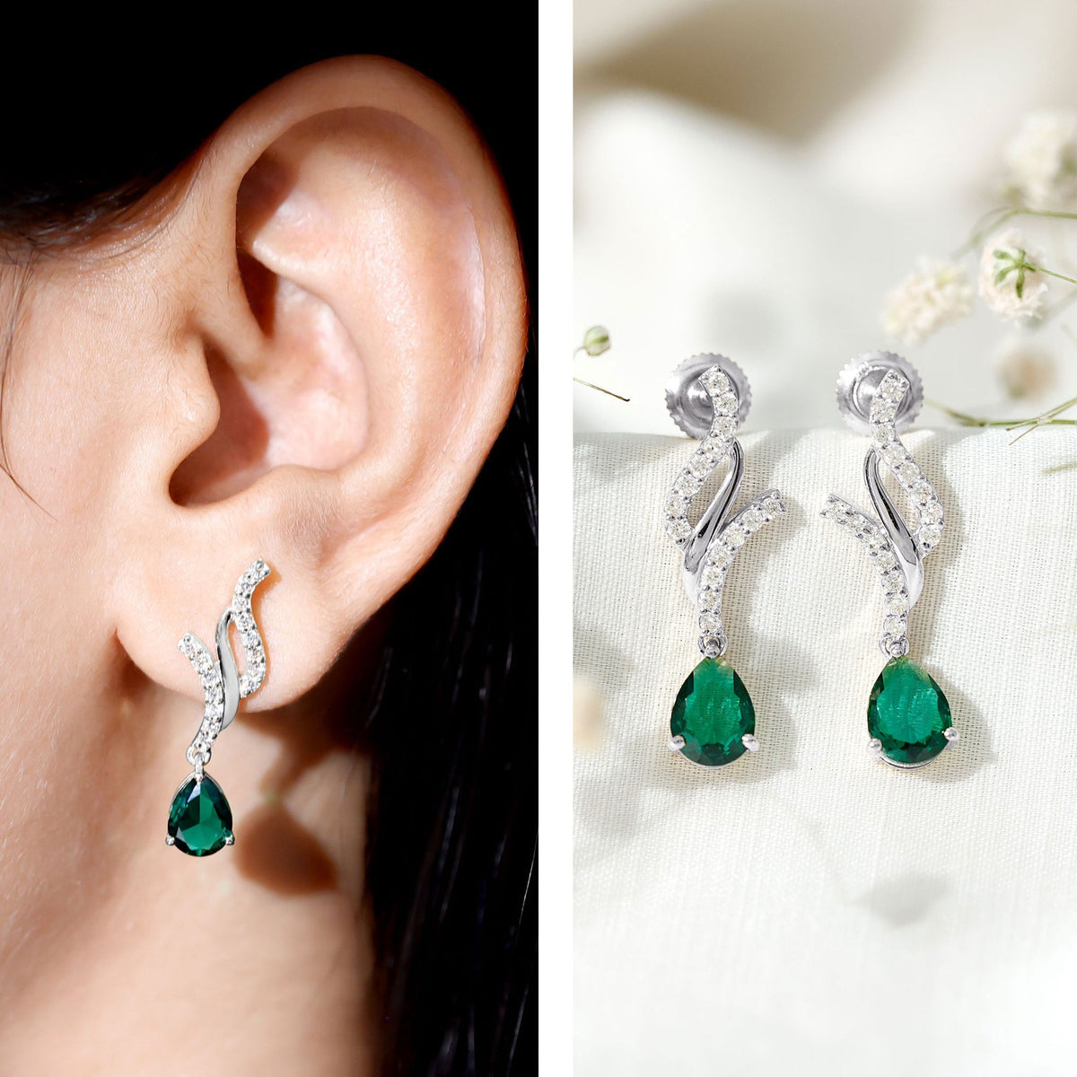 Lab Grown Emerald Earrings – Vintage Pear Shaped Drops with Diamond Accent