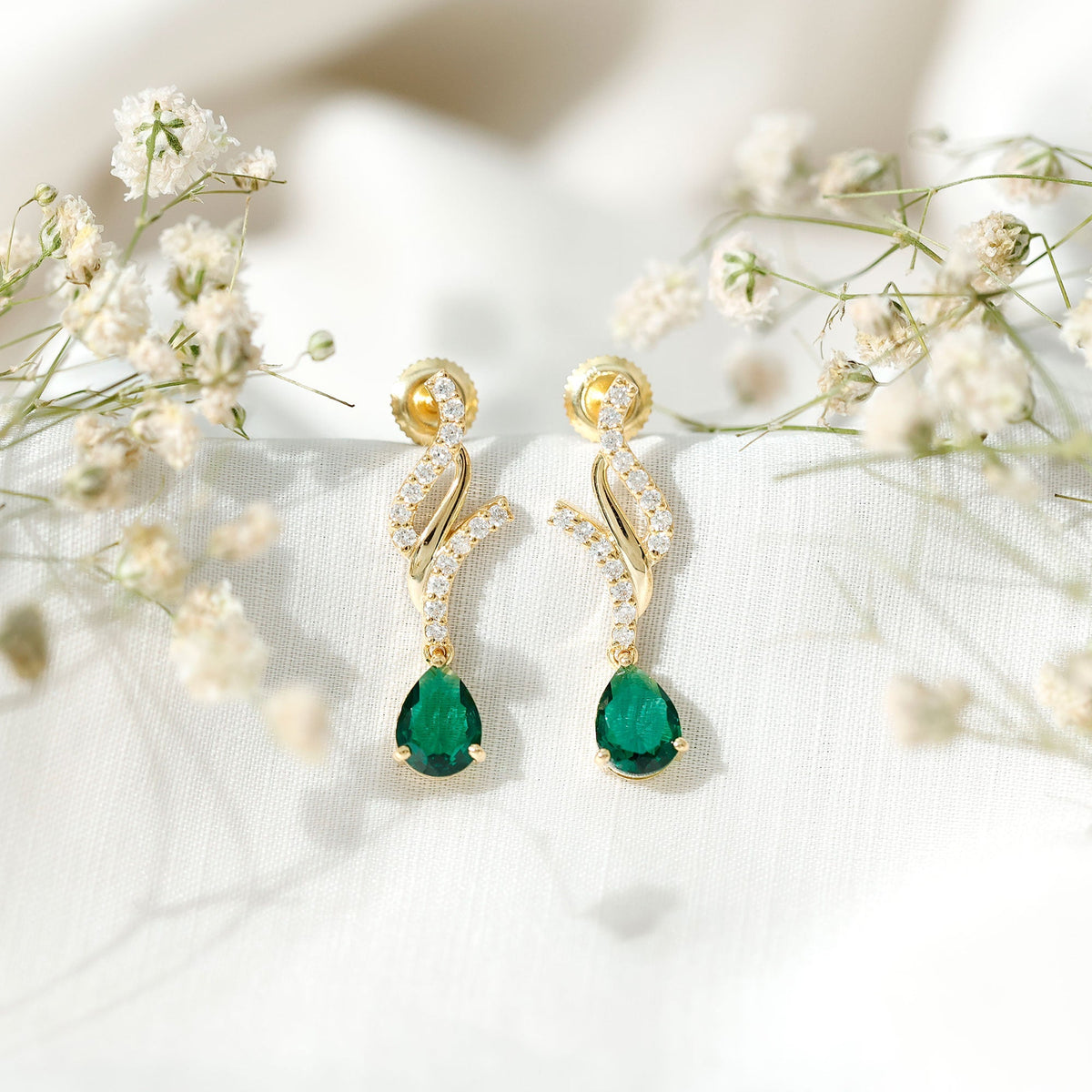Lab Grown Emerald Earrings – Vintage Pear Shaped Drops with Diamond Accent
