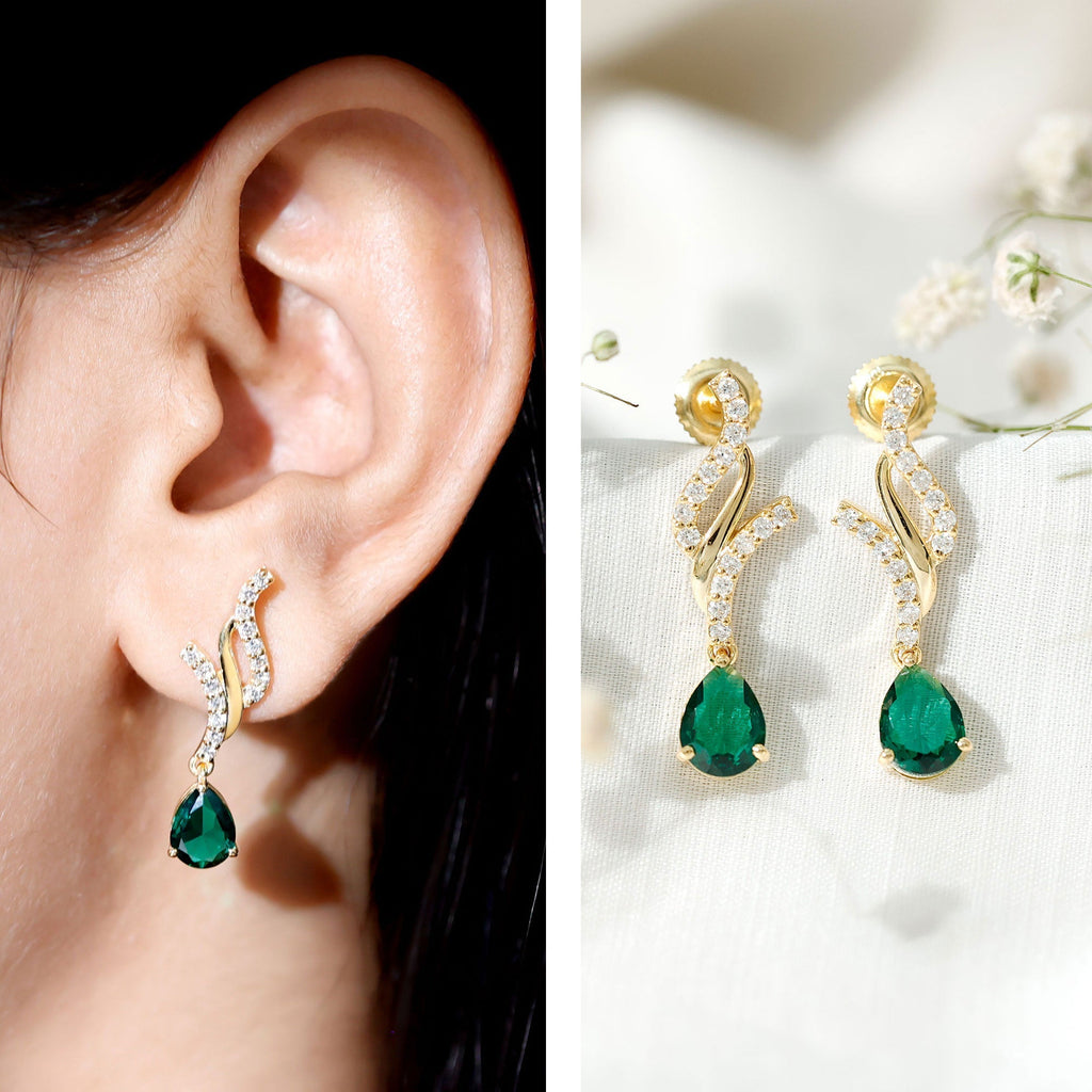 Lab Grown Emerald Earrings – Vintage Pear Shaped Drops with Diamond Accent