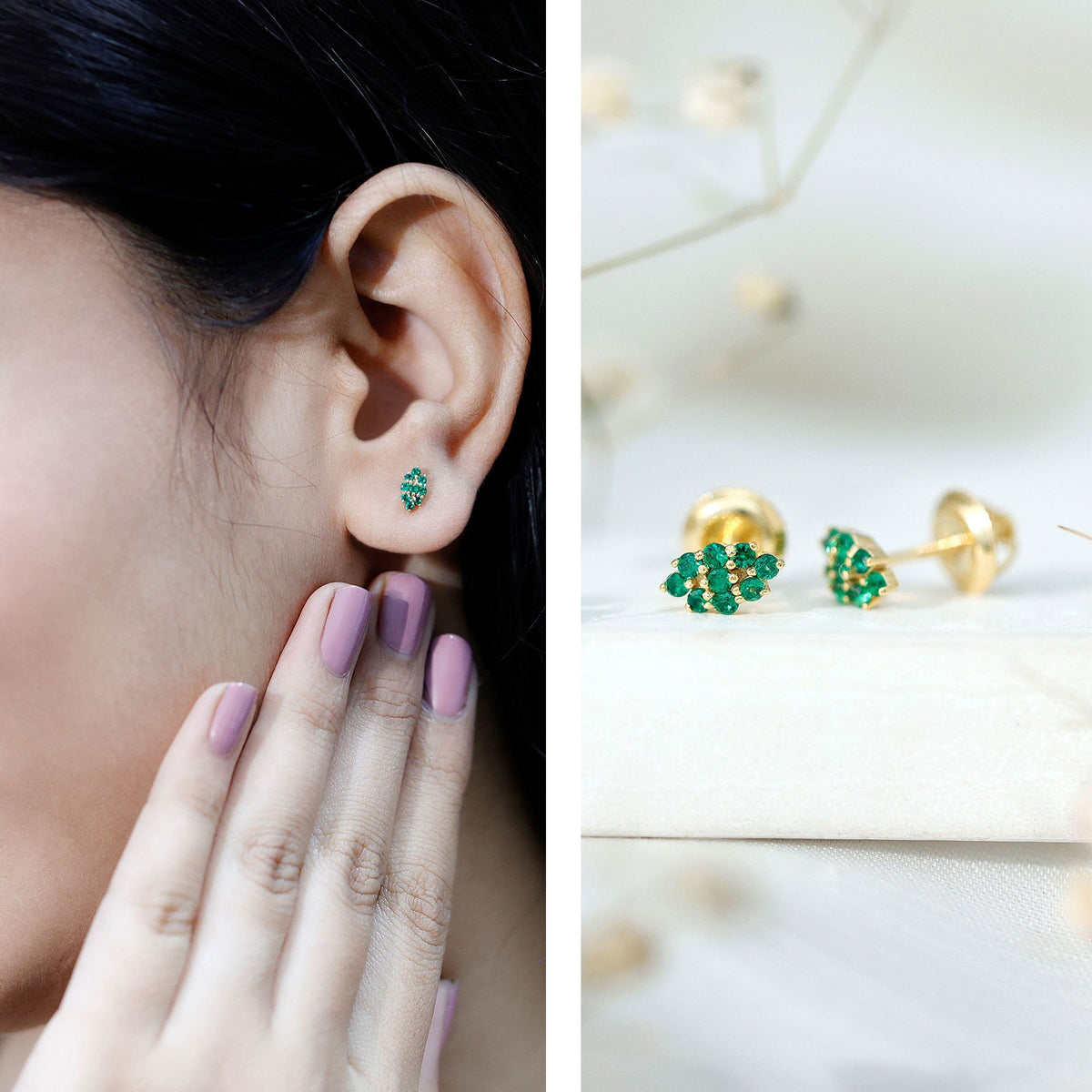 Lab Grown Emerald Earrings – Yellow Gold Cluster Studs with Screw Back Closures