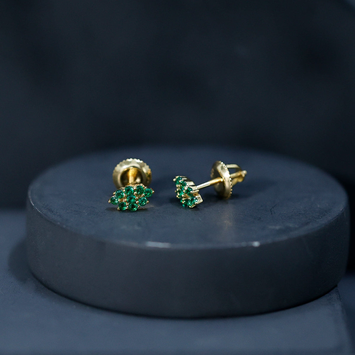 Lab Grown Emerald Earrings – Yellow Gold Cluster Studs with Screw Back Closures