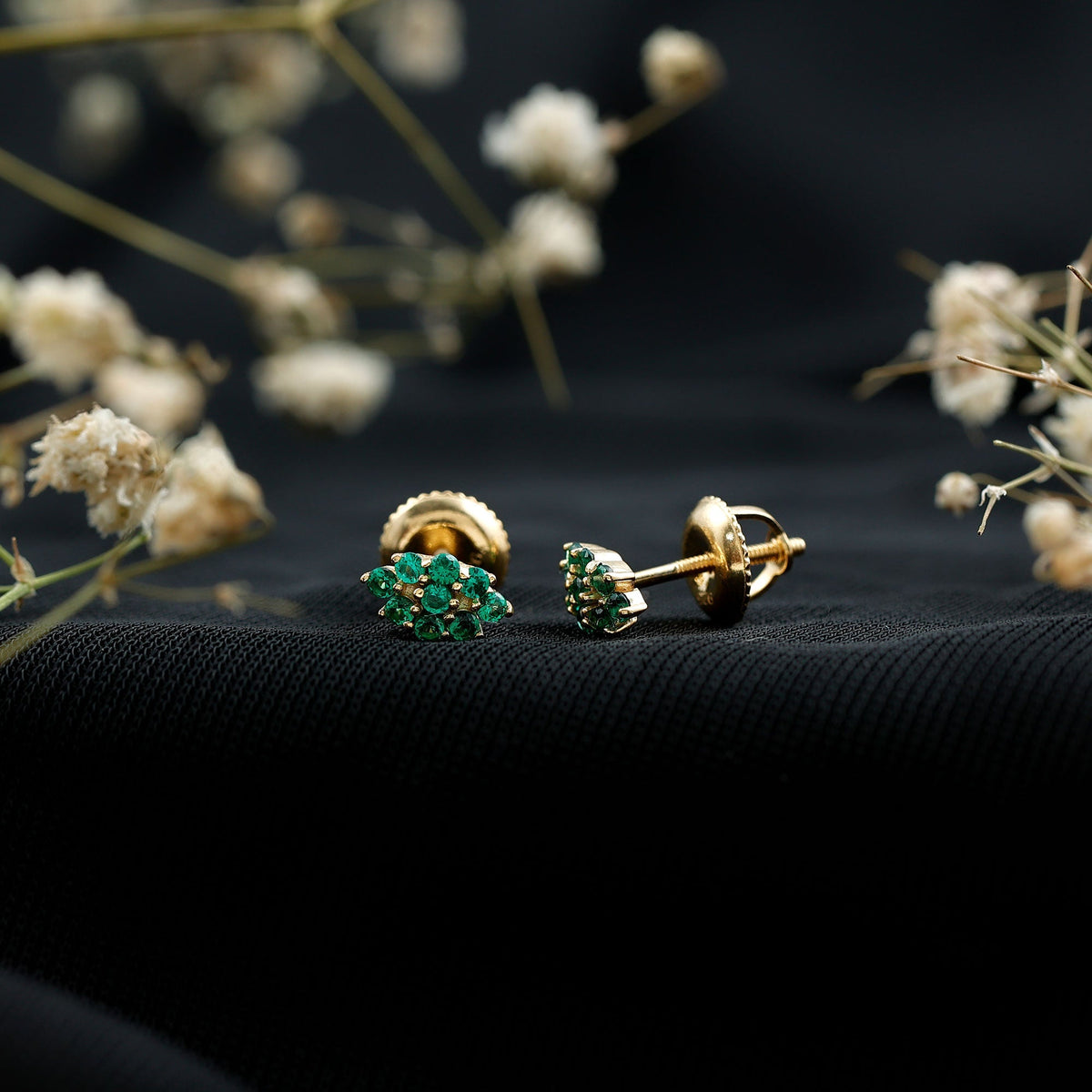 Lab Grown Emerald Earrings – Yellow Gold Cluster Studs with Screw Back Closures