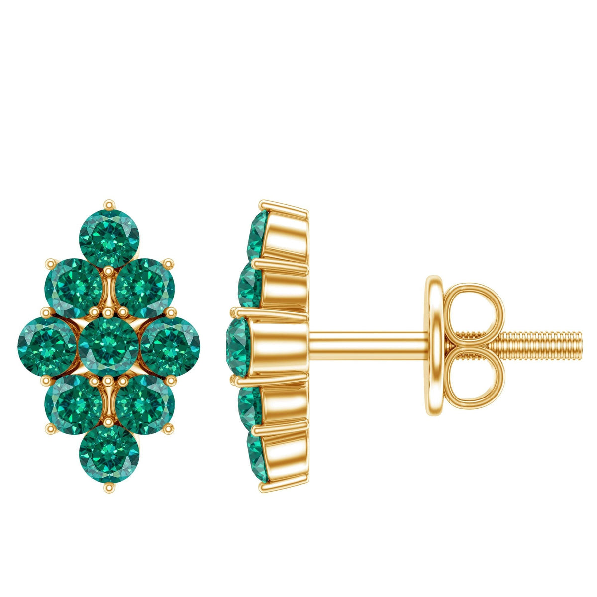 Lab Grown Emerald Earrings – Yellow Gold Cluster Studs with Screw Back Closures