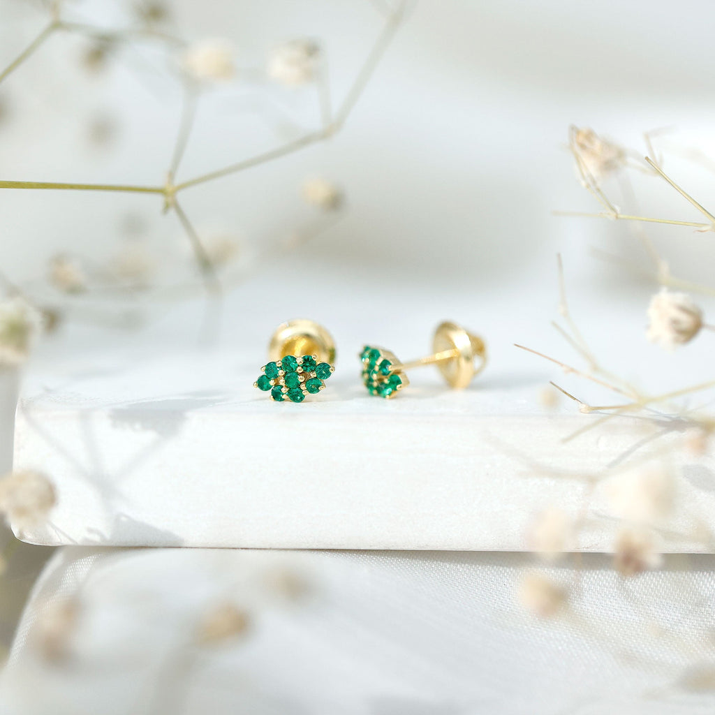 Lab Grown Emerald Earrings – Yellow Gold Cluster Studs with Screw Back Closures