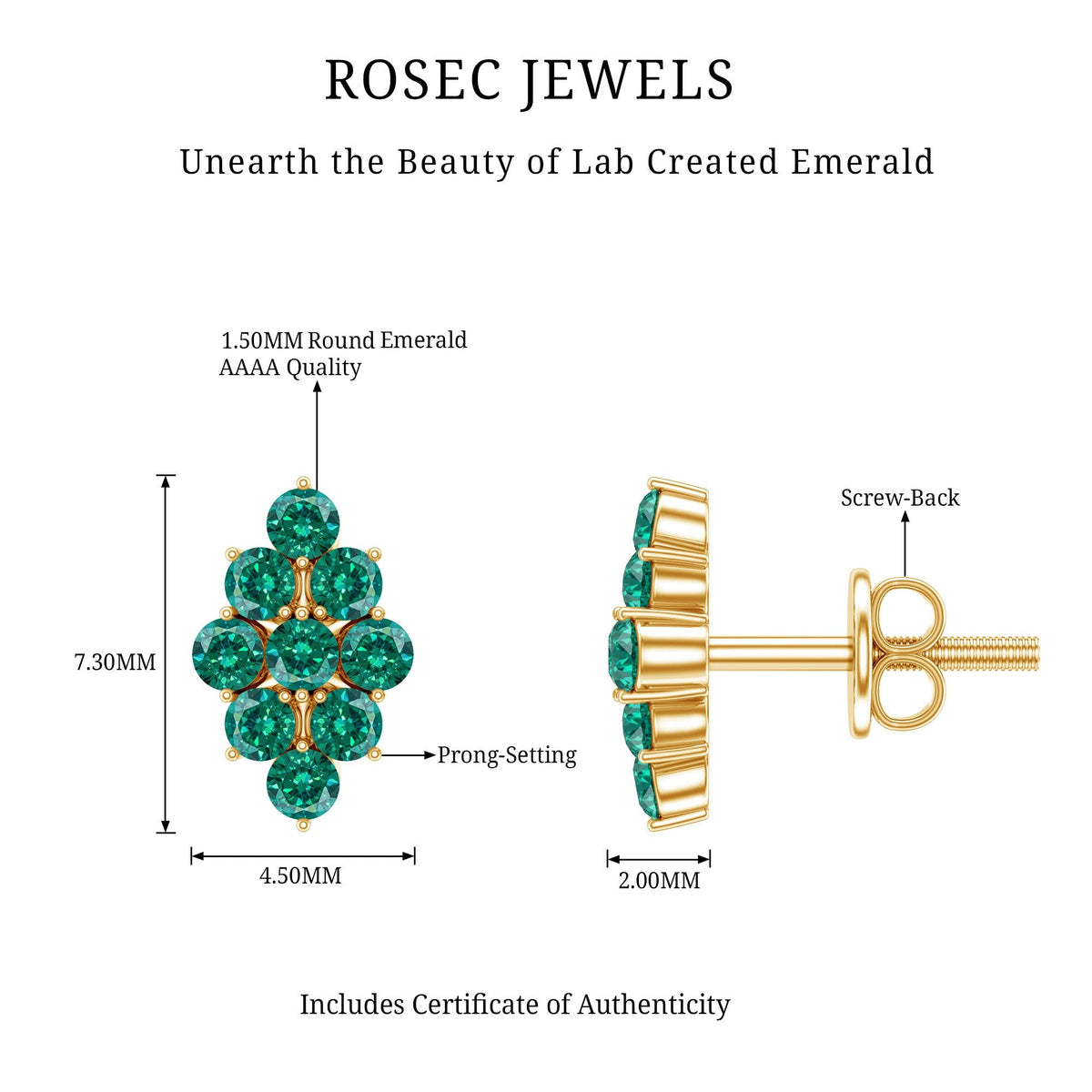Lab Grown Emerald Earrings – Yellow Gold Cluster Studs with Screw Back Closures