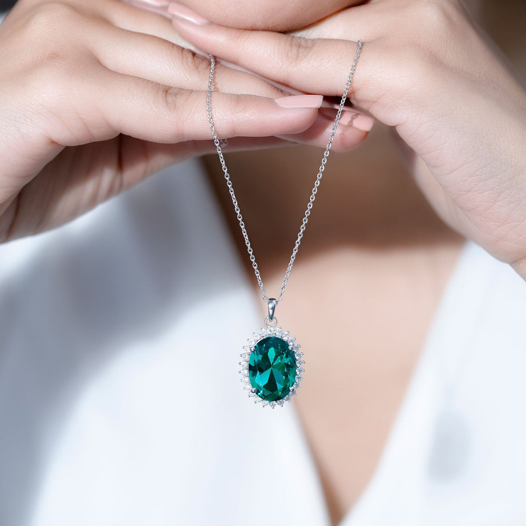 Lab Grown Emerald Necklace – 14 Carat Oval Halo Pendant With Silver Chain