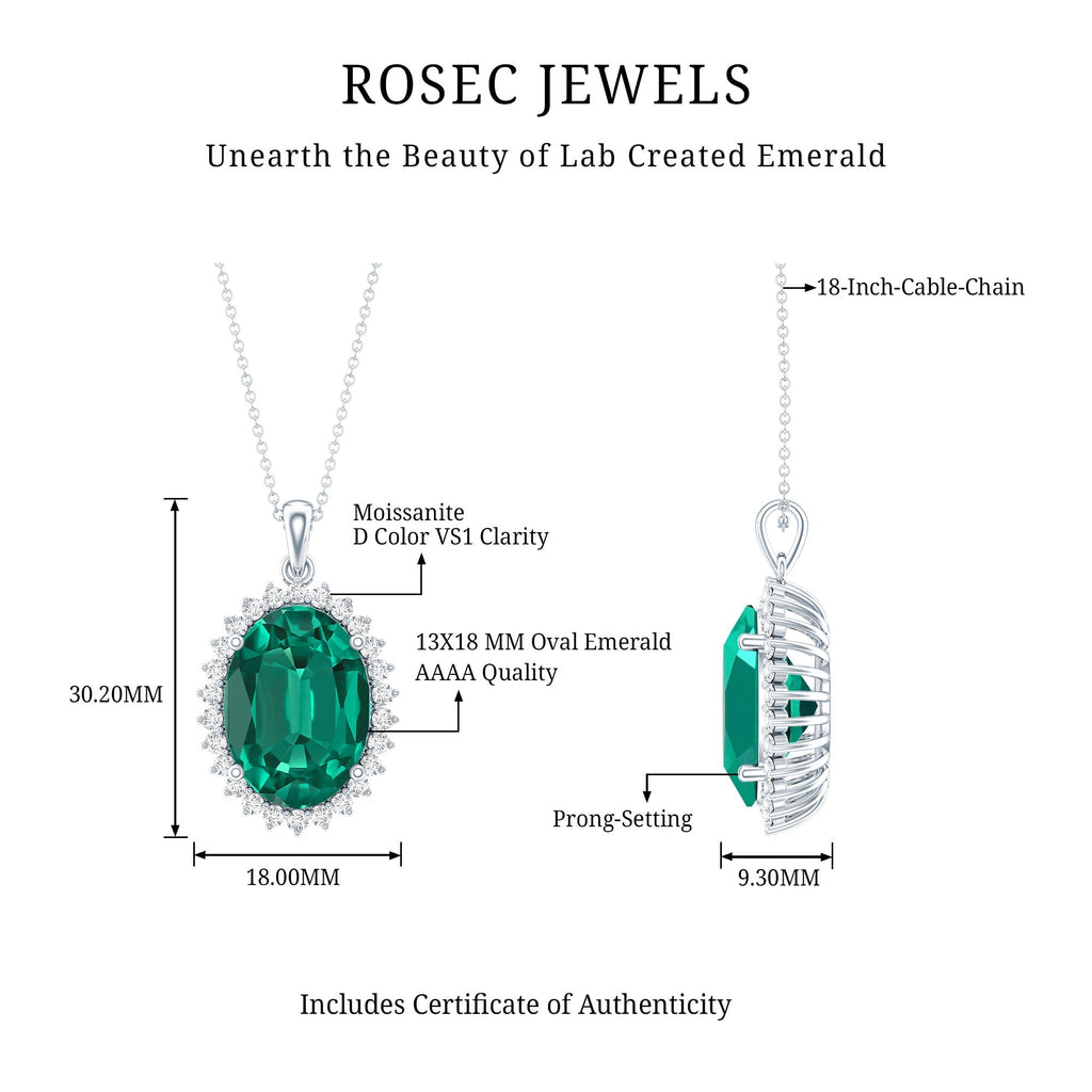 Lab Grown Emerald Necklace – 14 Carat Oval Halo Pendant With Silver Chain
