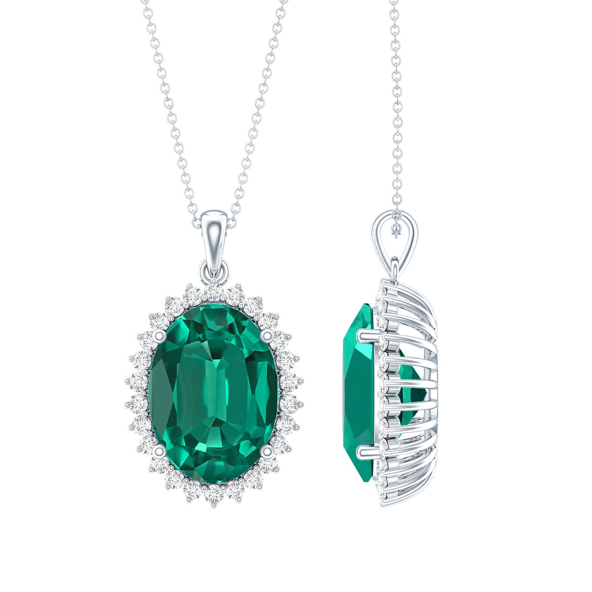 Lab Grown Emerald Necklace – 14 Carat Oval Halo Pendant With Silver Chain