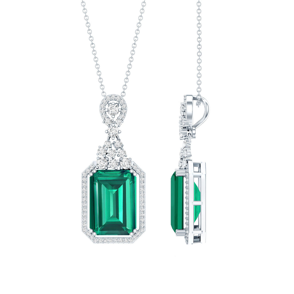 Lab Grown Emerald Necklace | 14k White Gold Plated Vintage Pendant with Moissanite Accents