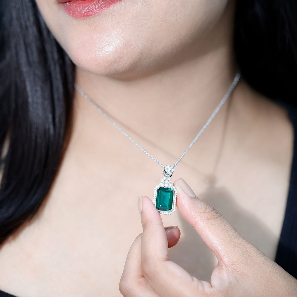 Lab Grown Emerald Necklace | 14k White Gold Plated Vintage Pendant with Moissanite Accents