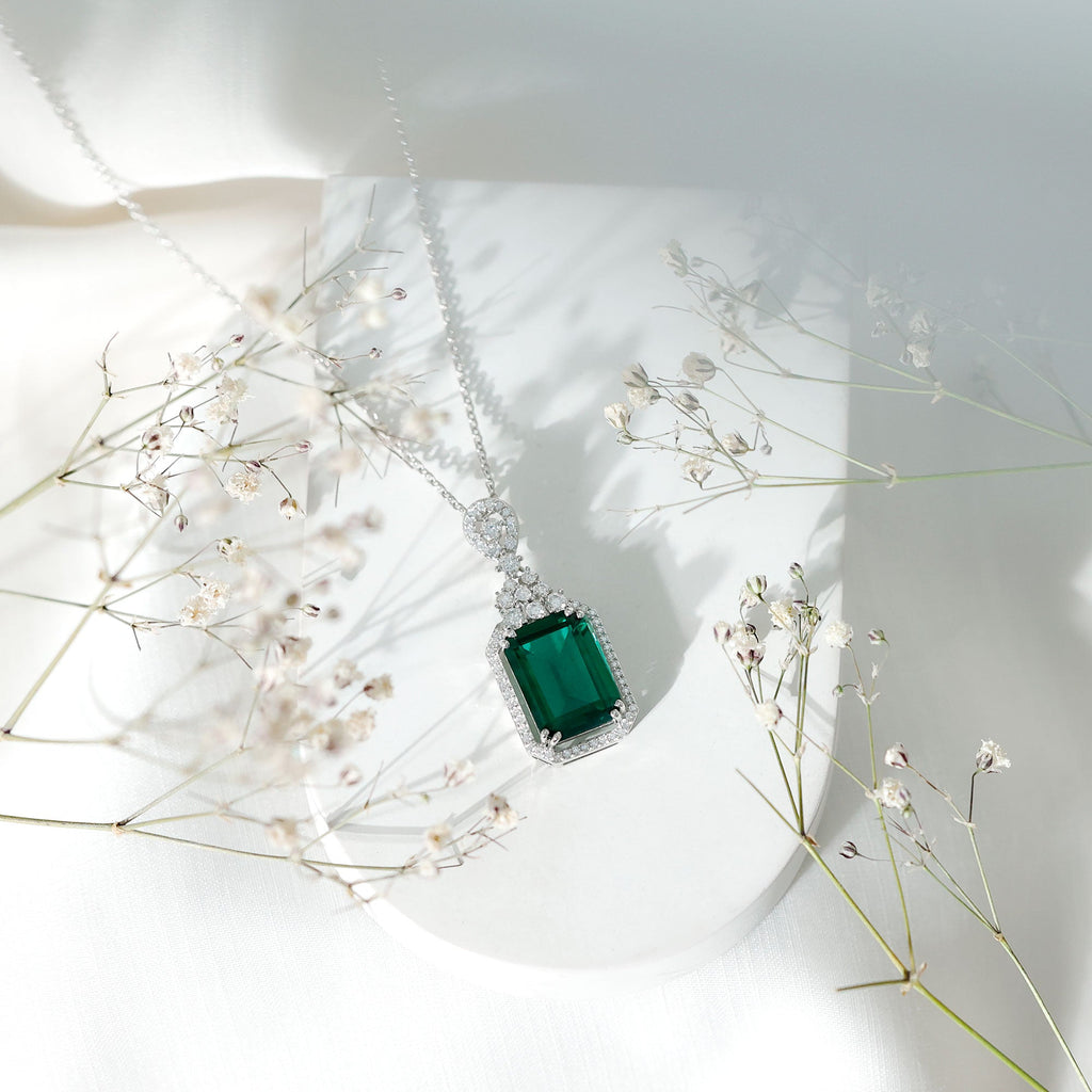 Lab Grown Emerald Necklace | 14k White Gold Plated Vintage Pendant with Moissanite Accents