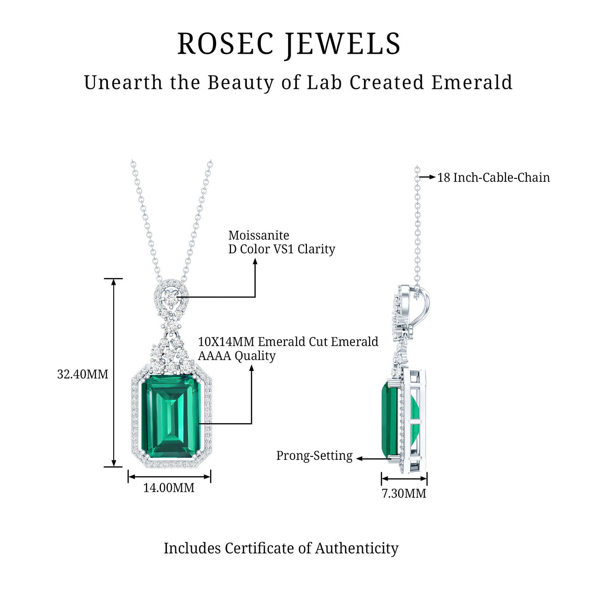 Lab Grown Emerald Necklace | 14k White Gold Plated Vintage Pendant with Moissanite Accents