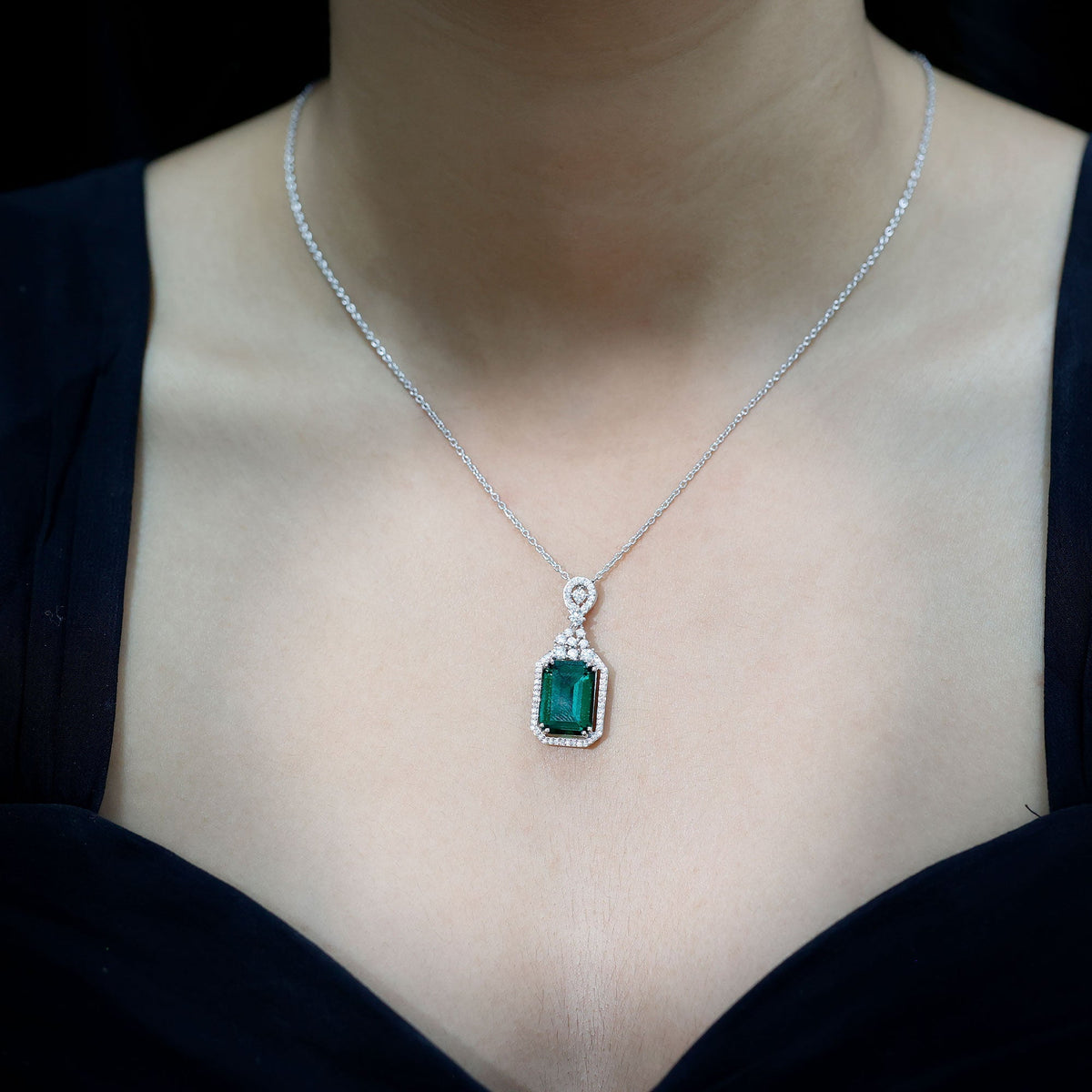 Lab Grown Emerald Necklace | 14k White Gold Plated Vintage Pendant with Moissanite Accents