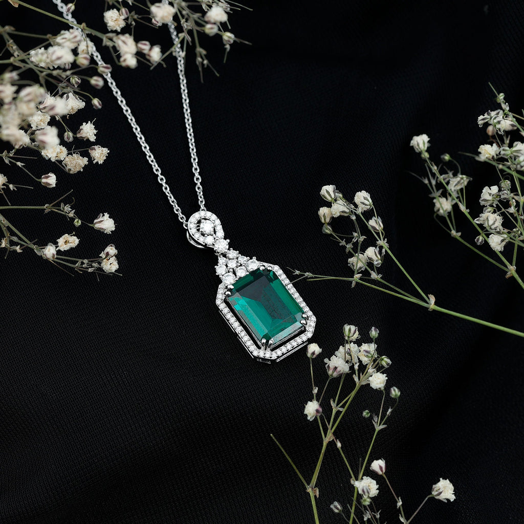 Lab Grown Emerald Necklace | 14k White Gold Plated Vintage Pendant with Moissanite Accents